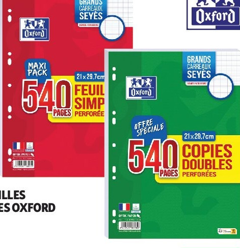 540 pages de feuilles simples perforées Oxford