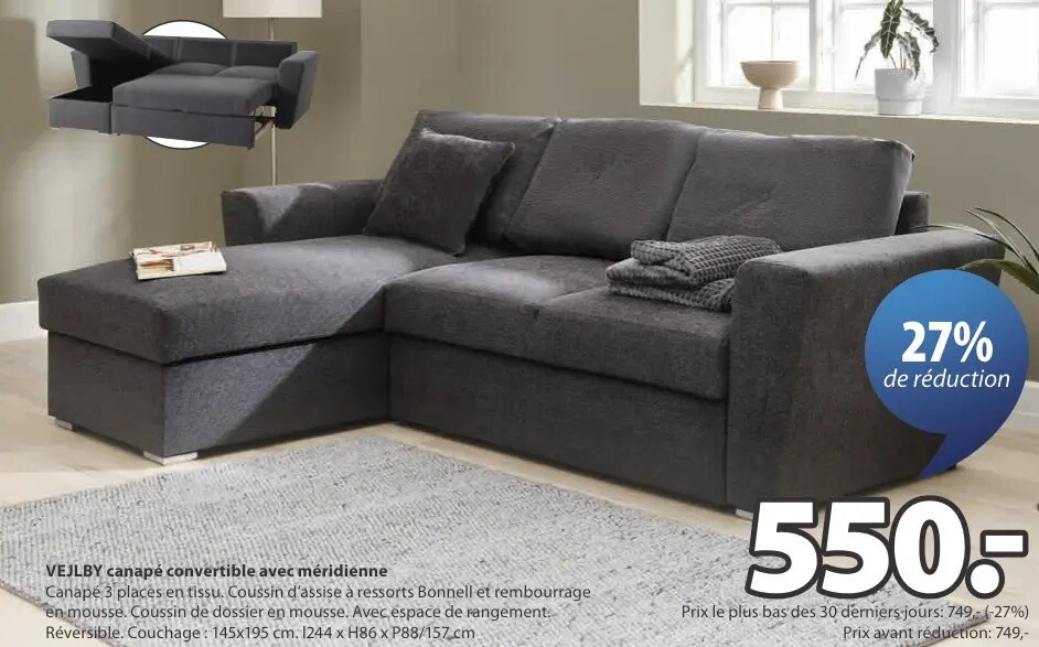 VEJLBY canapé convertible avec méridienne