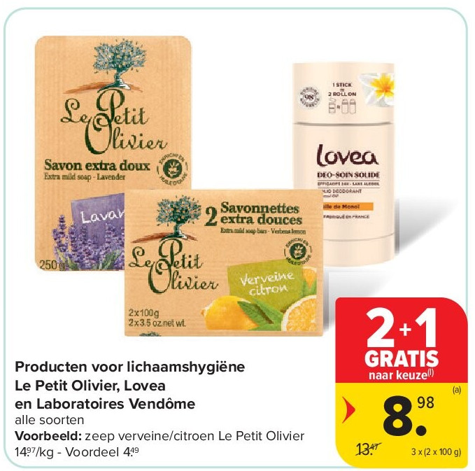 Producten voor lichaamshygiëne Le Petit Olivier, Lovea en Laboratoires Vendôme