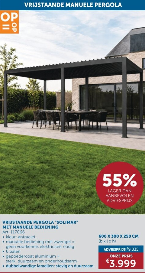 VRIJSTAANDE PERGOLA "SOLIMAR" MET MANUELE BEDIENING