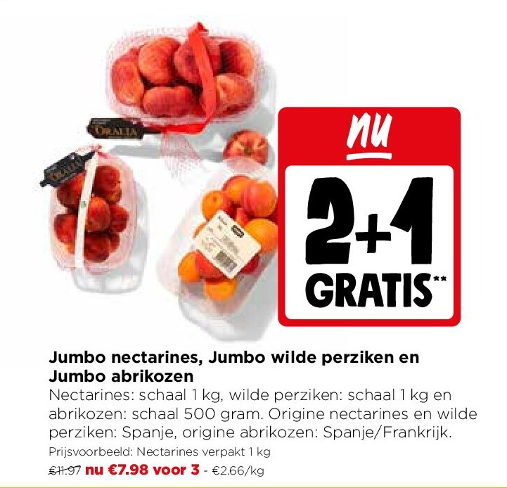 Jumbo nectarines, Jumbo wilde perziken en Jumbo abrikozen