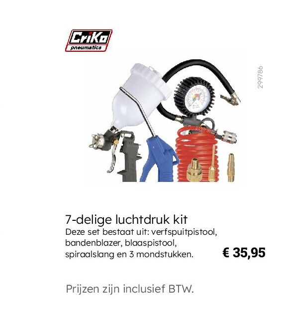 7-delige luchtdruk kit Deze set bestaat uit: verfspuitpistool, bandenblazer, blaaspistool, spiraalslang en 3 mondstukken