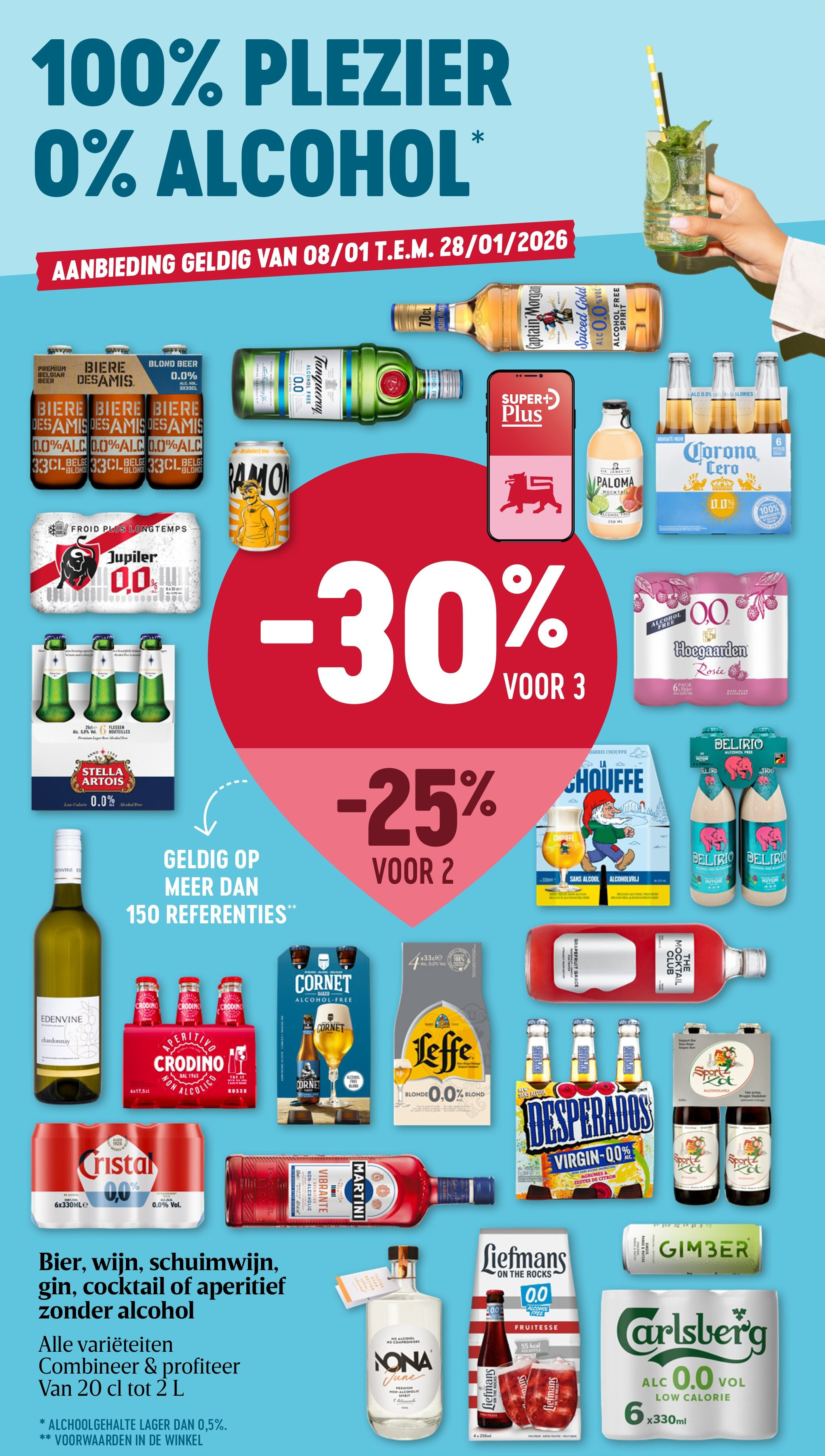Bier, wijn, schuimwijn, gin, cocktail of aperitief zonder alcohol