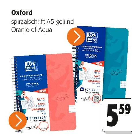 Oxford spiraalschrift A5 gelijnd Oranje of Aqua