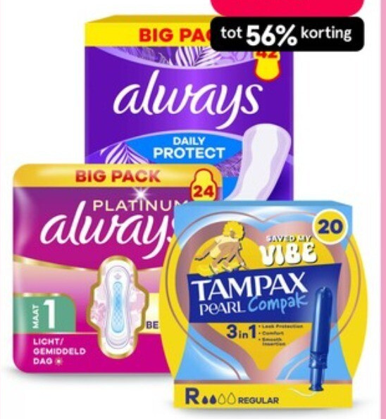 Always en Always Discreet grootverpakkingen, broekjes en Tampax