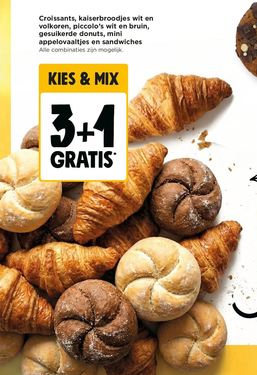 Croissants, kaiserbroodjes wit en volkoren, piccolo’s wit en bruin, gesuikerde donuts, mini appelovaaltjes en sandwiches