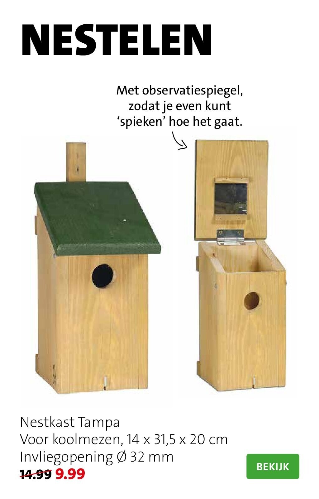 Nestkast Tampa Voor koolmezen, 14 x 31,5 x 20 cm Invliegopening Ø 32 mm