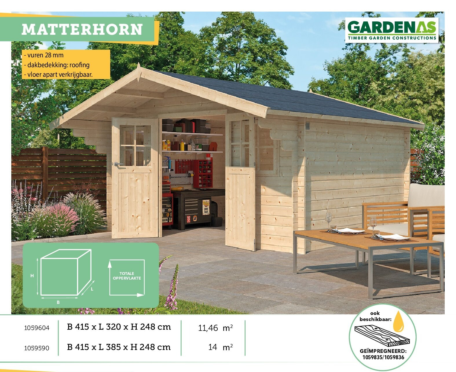 Gardenas Matterhorn houten tuinhuis 415x320x248 cm blokhut