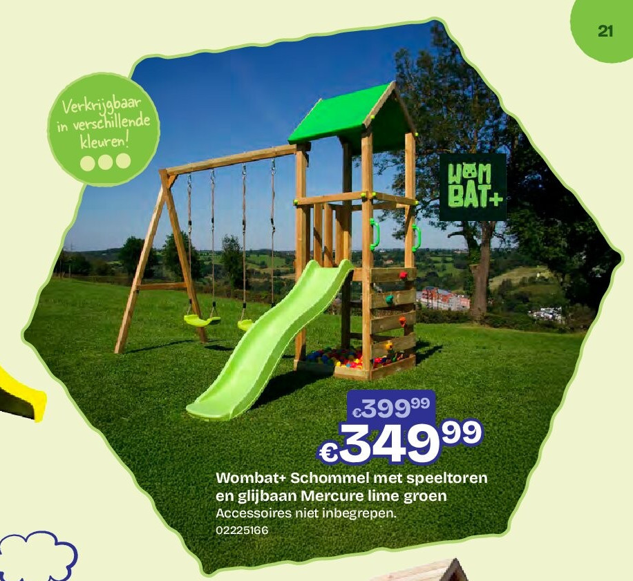 Wombat+ Schommel met speeltoren en glijbaan Mercure lime groen Accessoires niet inbegrepen.