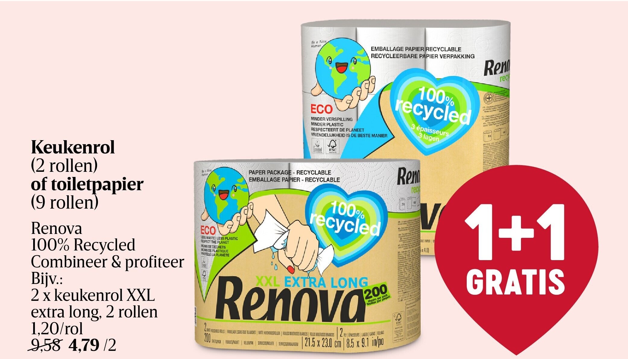 Keukenrol (2 rollen) of toiletpapier (9 rollen)