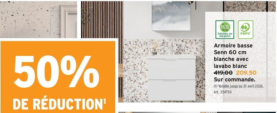 Armoire basse Senn 60 cm blanche avec lavabo blanc