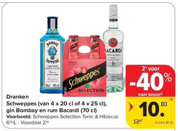 Dranken Schweppes (van 4 x 20 cl of 4 x 25 cl), gin Bombay en rum Bacardi (70 cl)