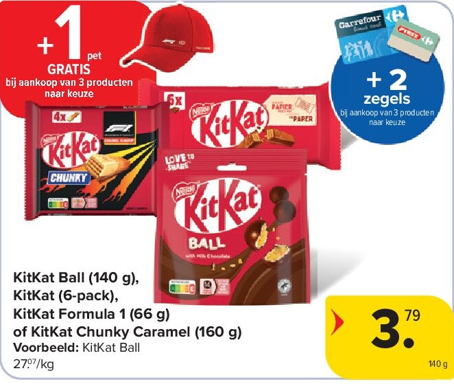 KitKat Ball (140 g), KitKat (6-pack), KitKat Formula 1 (66 g) of KitKat Chunky Caramel (160 g)