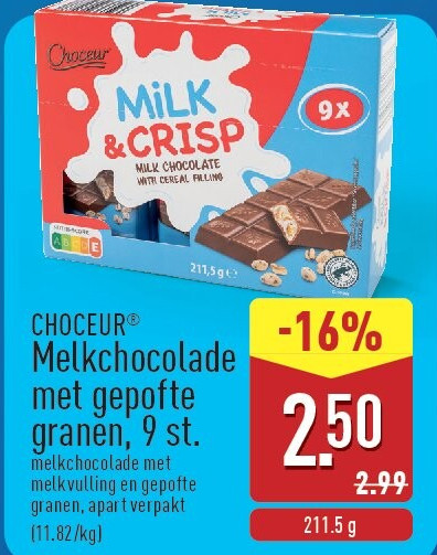 Melkchocolade met gepofte granen, 9st.