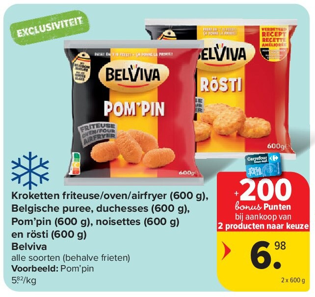 Kroketten friteuse/oven/airfryer (600 g), Belgische puree, duchesses (600 g), Pom’pin (600 g), noisettes (600 g) en rösti (600 g) Belviva