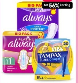Always en Always Discreet grootverpakkingen, broekjes en Tampax