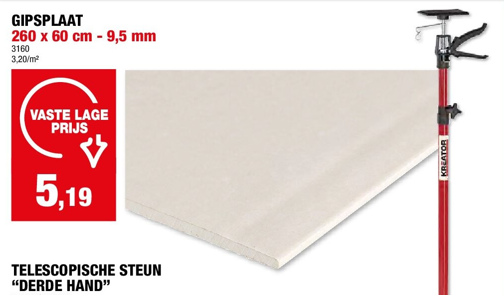 GIPSPLAAT 260 x 60 cm - 9,5 mm