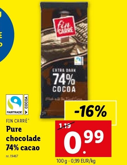 Pure chocolade 74% cacao