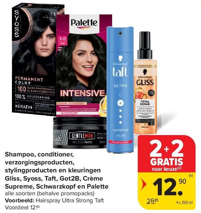 Shampoo, conditioner, verzorgingsproducten, stylingproducten en kleuringen Gliss, Syoss, Taft, Got2B, Crème Supreme, Schwarzkopf en Palette