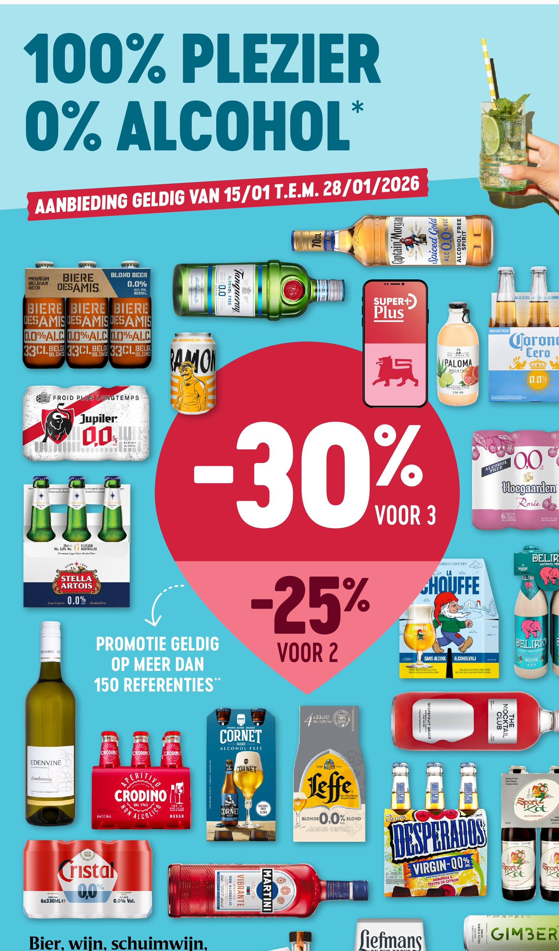 Bier, wijn, schuimwijn, gin, cocktail of aperitief zonder alcohol