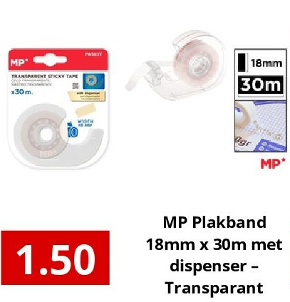 MP Plakband 18mm x 30m met dispenser – Transparant