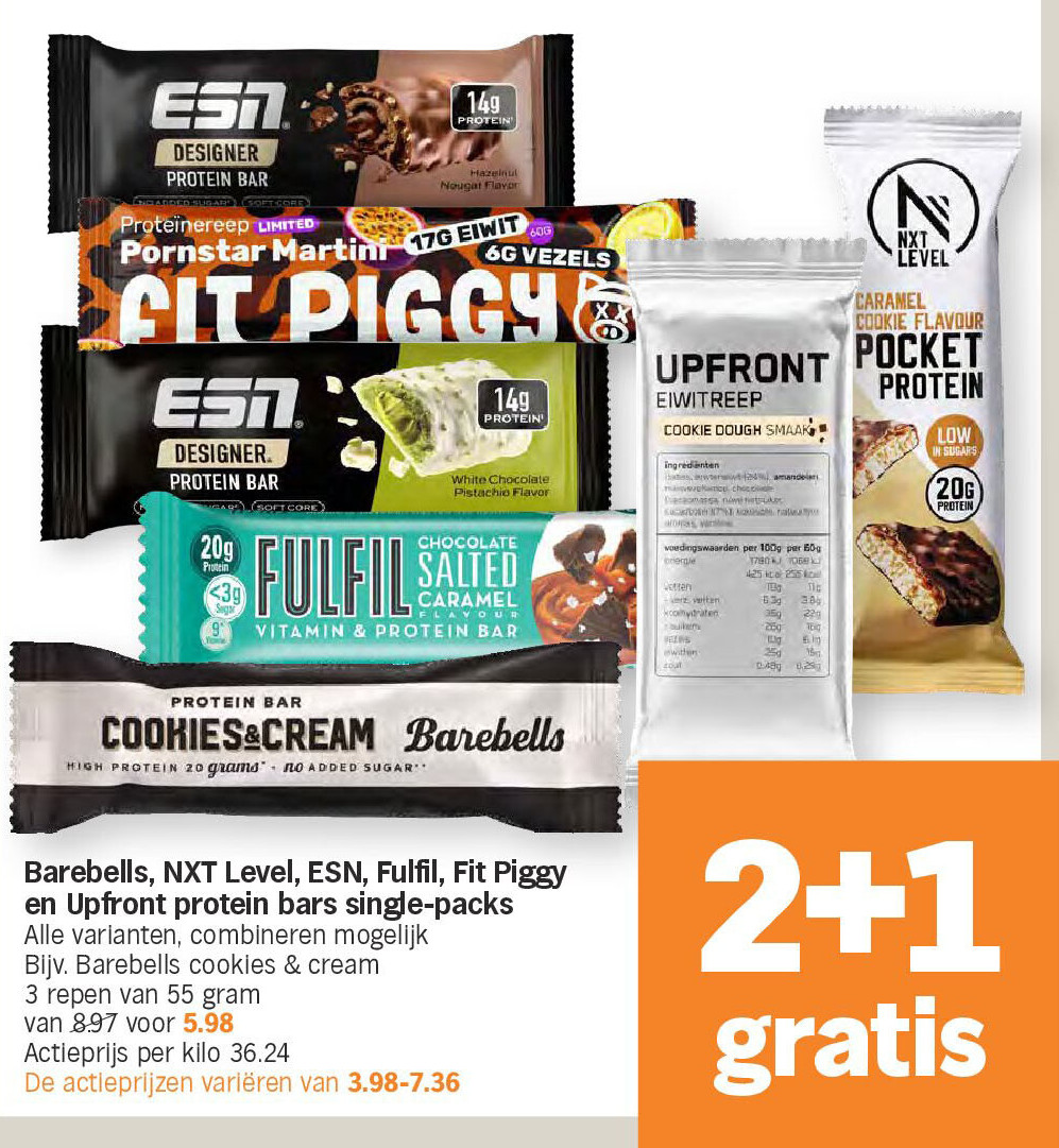 Barebells, NXT Level, ESN, Fulfil, Fit Piggy en Upfront protein bars single-packs