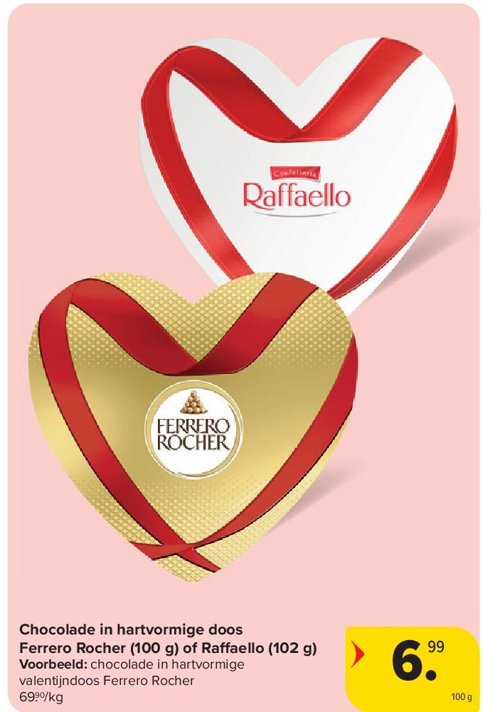 Chocolade in hartvormige doos Ferrero Rocher (100 g) of Raffaello (102 g)