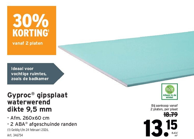 Gyproc® gipsplaat waterwerend dikte 9,5 mm