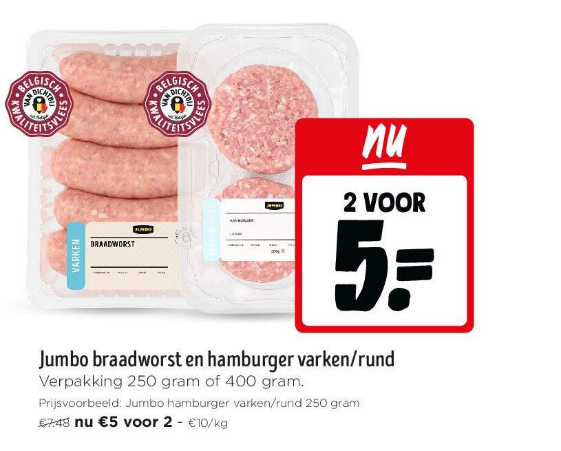 Jumbo braadworst en hamburger varken/rund