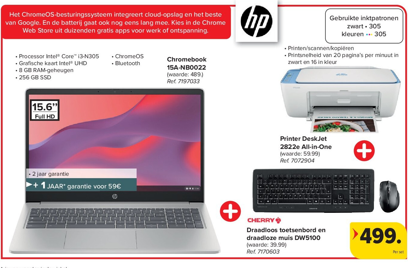 Chromebook 15A-NB0022 + Printer DeskJet 2822e All-in-One + Draadloos toetsenbord en draadloze muis DW5100