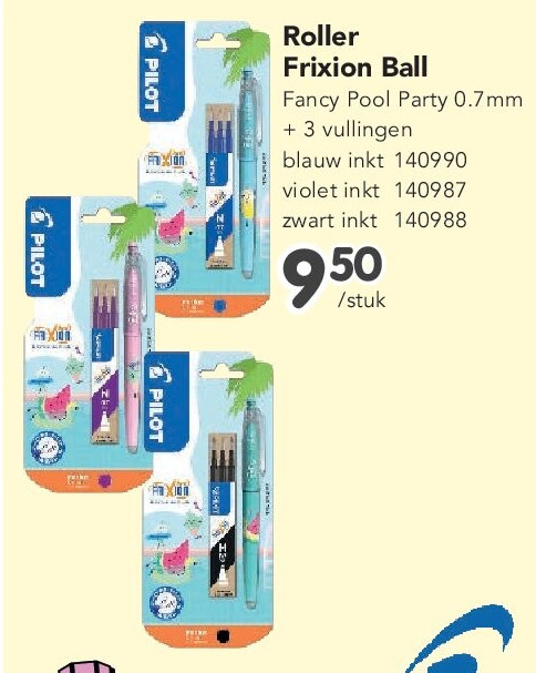 Roller Frixion Ball Fancy Pool Party 0.7mm + 3 vullingen blauw inkt 140990 violet inkt 140987 zwart inkt 140988
