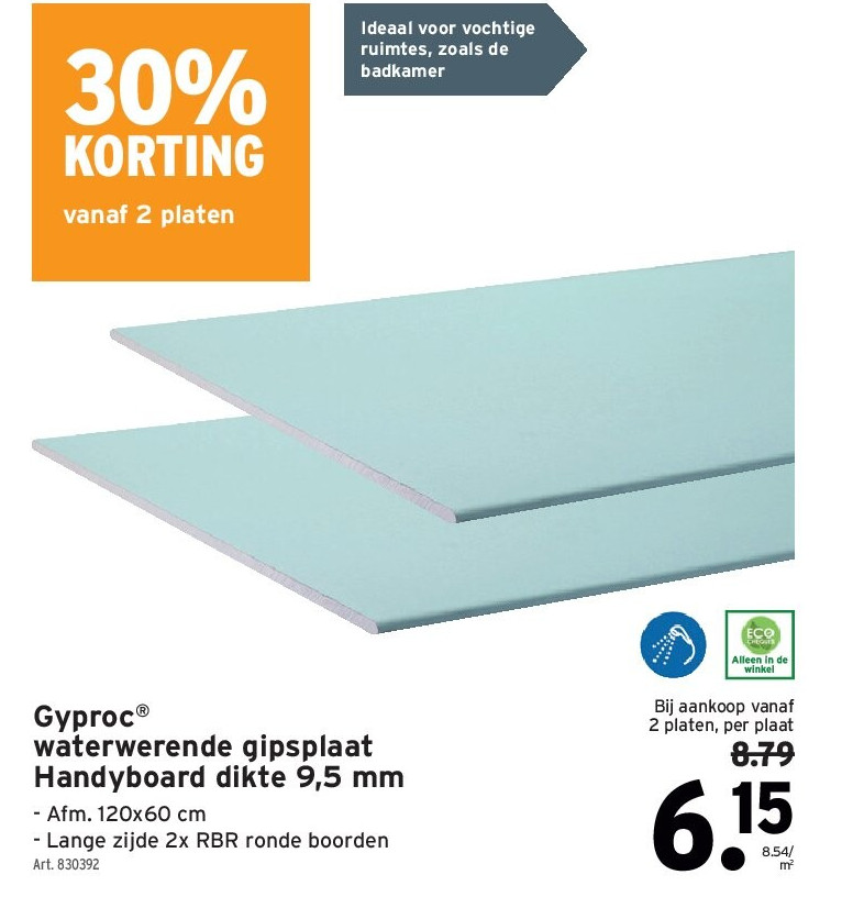 Gyproc® waterwerende gipsplaat Handyboard dikte 9,5 mm