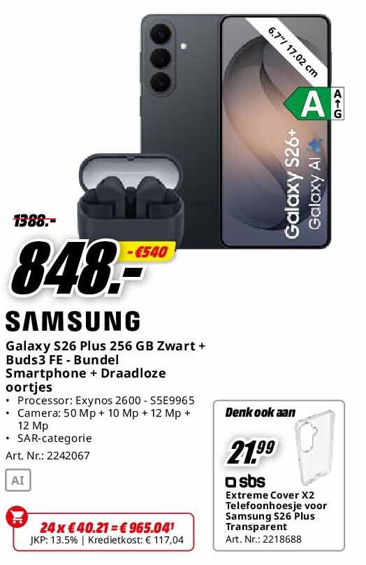 Galaxy S26 Plus 256 GB Zwart + Buds3 FE - Bundel Smartphone + Draadloze oortjes