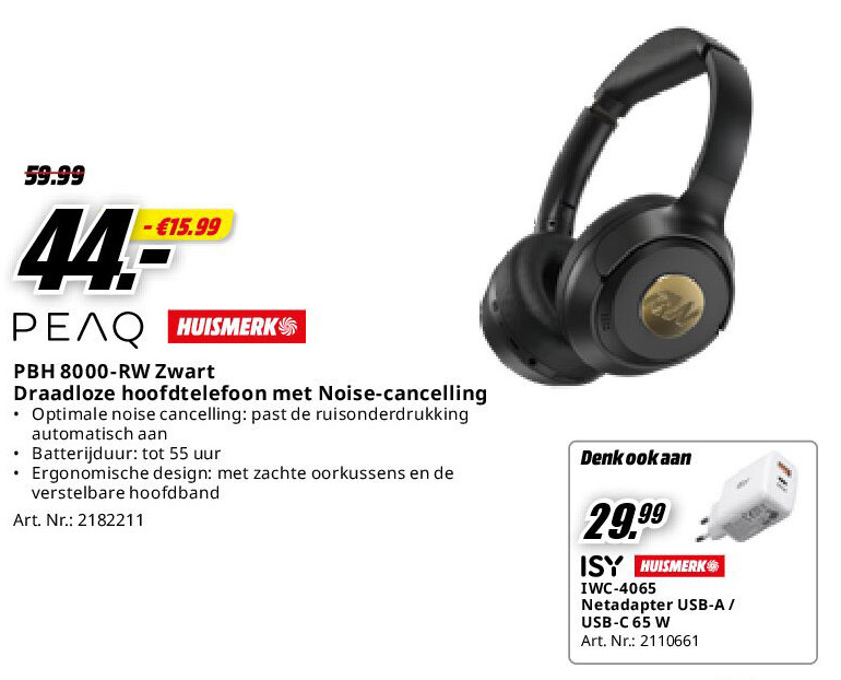 PBH 8000-RW Zwart Draadloze hoofdtelefoon met Noise-cancelling