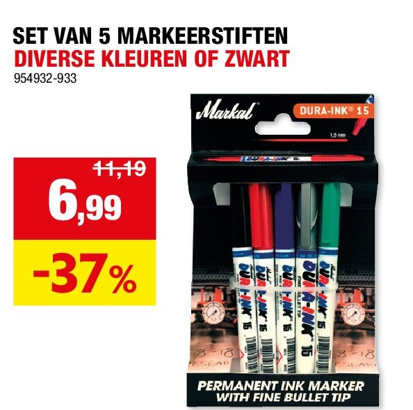 SET VAN 5 MARKEERSTIFTEN DIVERSE KLEUREN OF ZWART