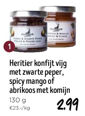 Heritier konfijt vijg met zwarte peper, spicy mango of abrikoos met komijn