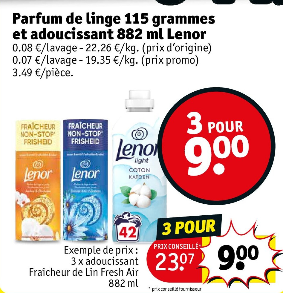 Parfum de linge 115 grammes et adoucissant 882 ml Lenor 3 POUR