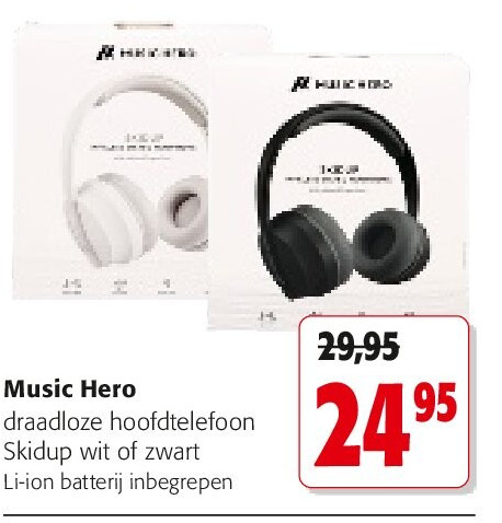 Music Hero draadloze hoofdtelefoon Skidup wit of zwart