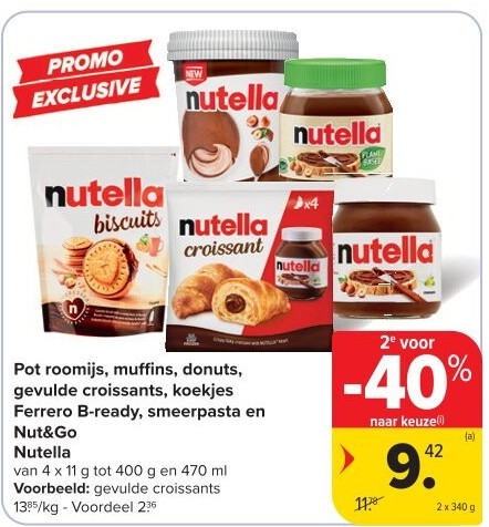 Pot roomijs, muffins, donuts, gevulde croissants, koekjes Ferrero B-ready, smeerpasta en Nut&Go Nutella