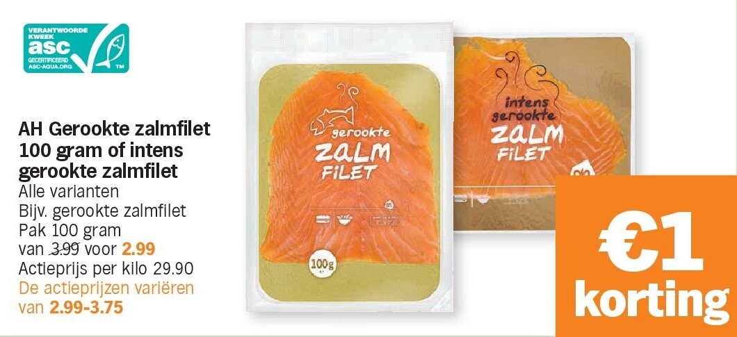 AH Gerookte zalmfilet 100 gram of intens gerookte zalmfilet