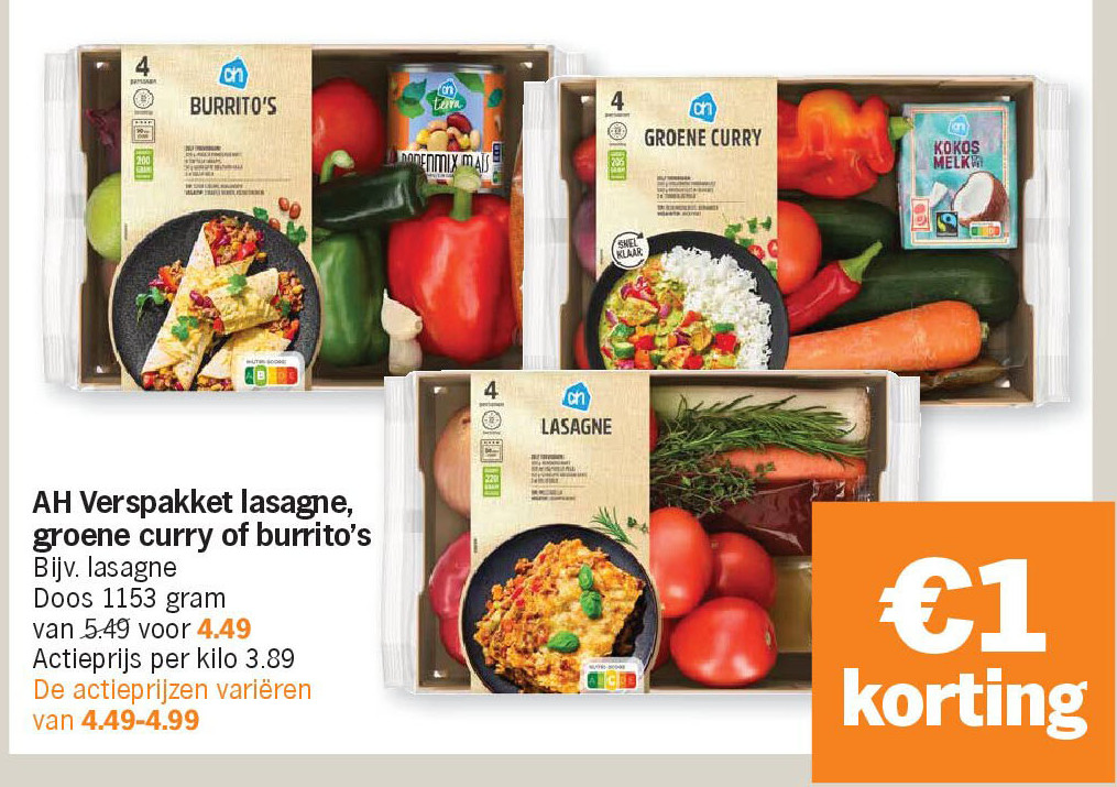 AH Verspakket lasagne, groene curry of burrito's
