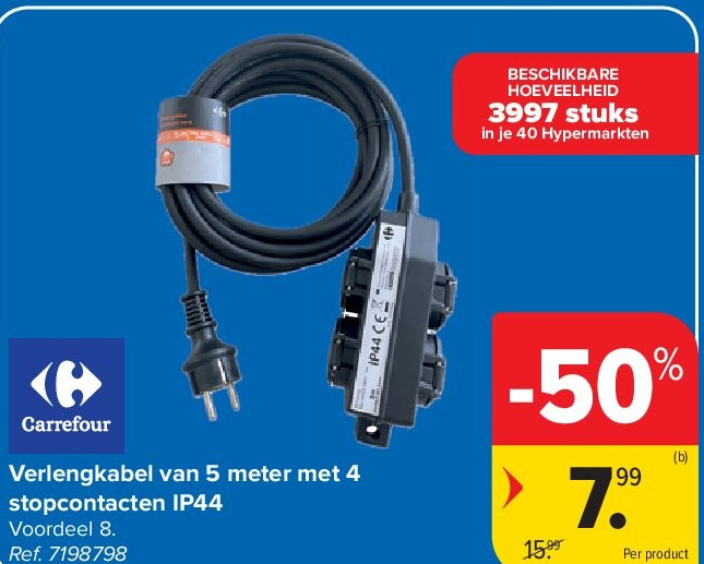 Verlengkabel van 5 meter met 4 stopcontacten IP44