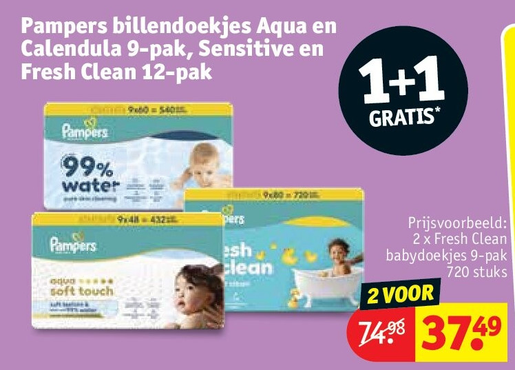 Pampers billendoekjes Aqua en Calendula 9-pak, Sensitive en Fresh Clean 12-pak