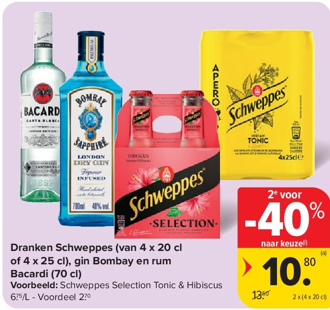 Dranken Schweppes (van 4 x 20 cl of 4 x 25 cl), gin Bombay en rum Bacardi (70 cl)