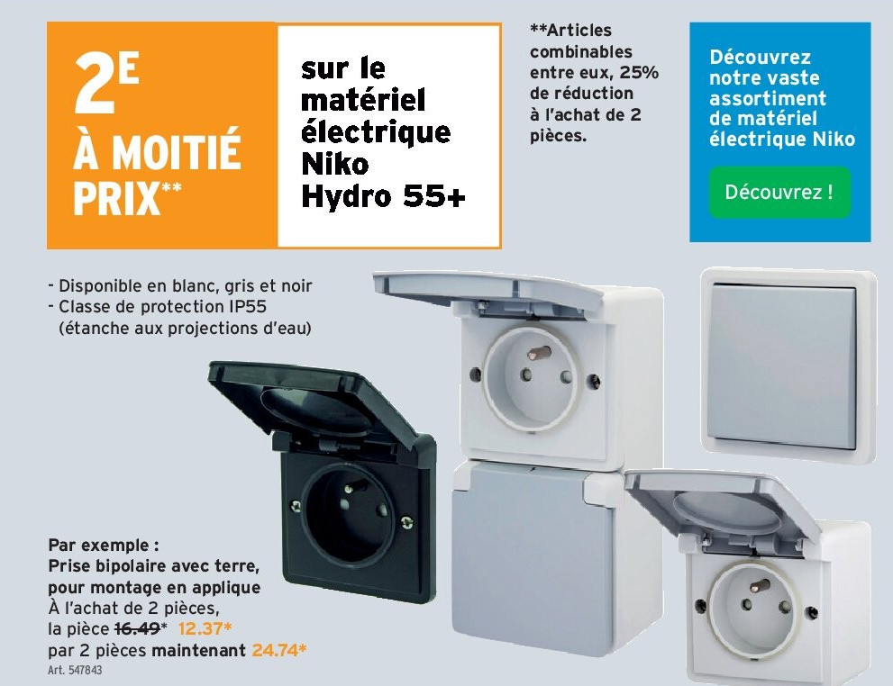 Prise bipolaire avec terre, pour montage en applique