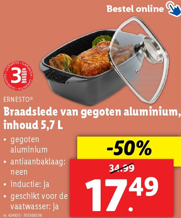 Braadslede van gegoten aluminium, inhoud 5,7 L