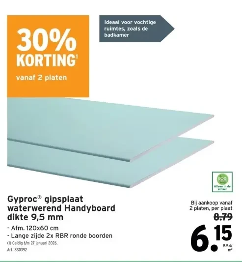 Gyproc® gipsplaat waterwerend Handyboard dikte 9,5 mm