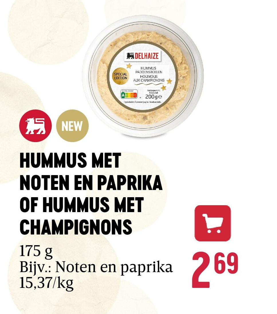 HUMMUS MET NOTEN EN PAPRIKA OF HUMMUS MET CHAMPIGNONS