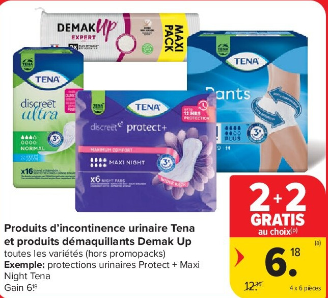 Produits d’incontinence urinaire Tena et produits démaquillants Demak Up 4 x 6 pièces