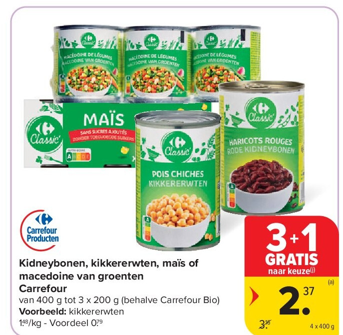 Kidneybonen, kikkererwten, maïs of macedoine van groenten Carrefour